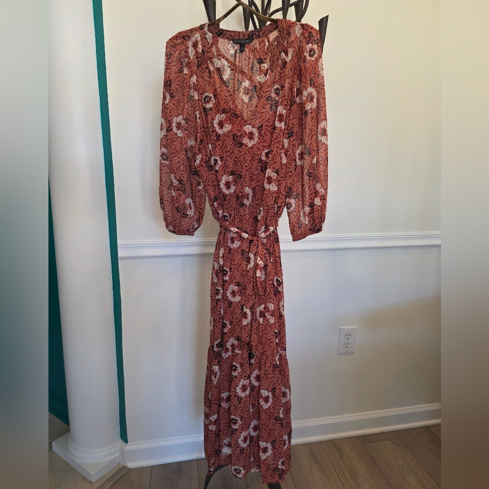 Banana Republic Terracotta Floral Fall Boho Maxi  V Neck Dress w/ Tie Waist - M